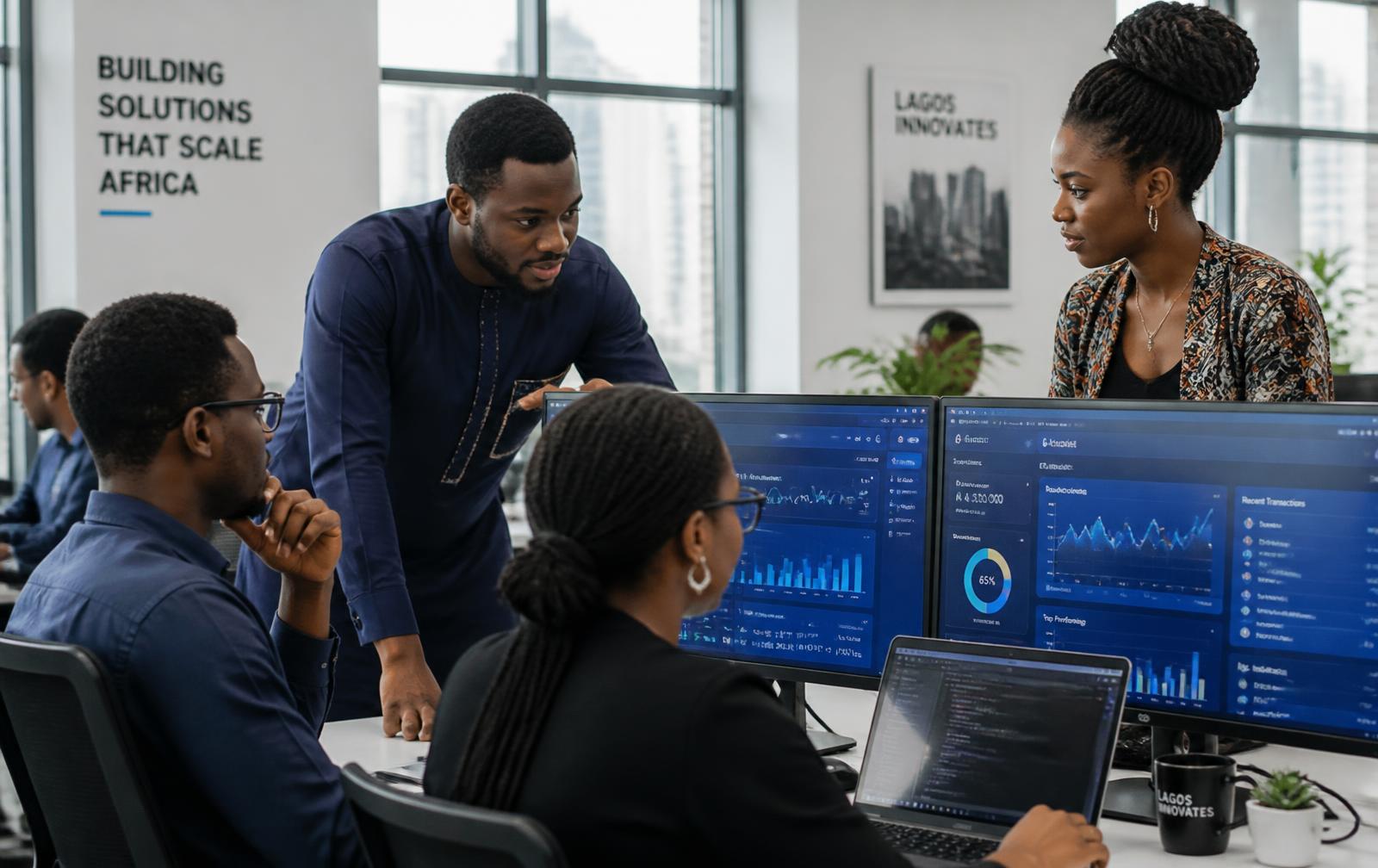 AMAN Limited engineers reviewing analytics dashboards in a Lagos office